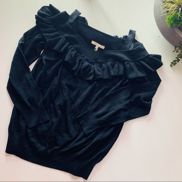 MAJE Jumper flounce ruffle wool black medium sweater pullover cold shoulder - Picture 7 of 7